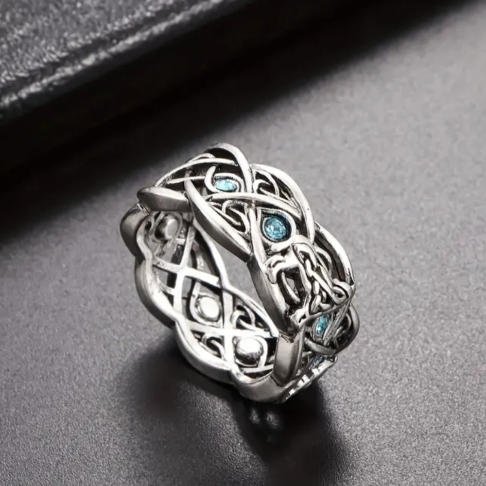 Celtic Blue Rhinestone Ring Wolf Pattern Double Wolf Rhinestone NWT - Picture 4 of 12